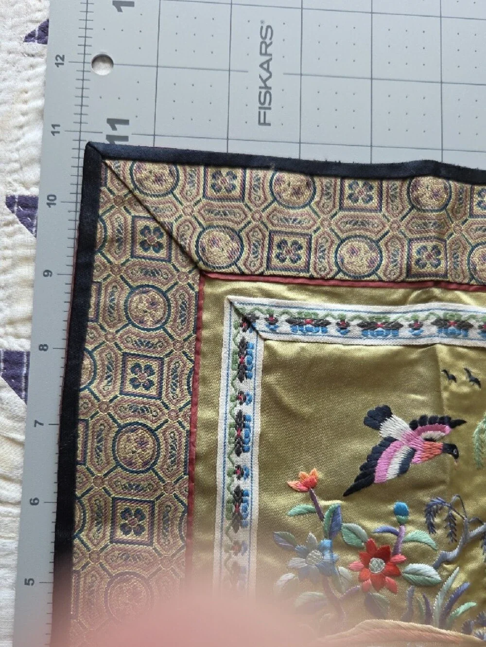 Embroidered Silk Wall Panel in Gold with Multicolor Floral Motif